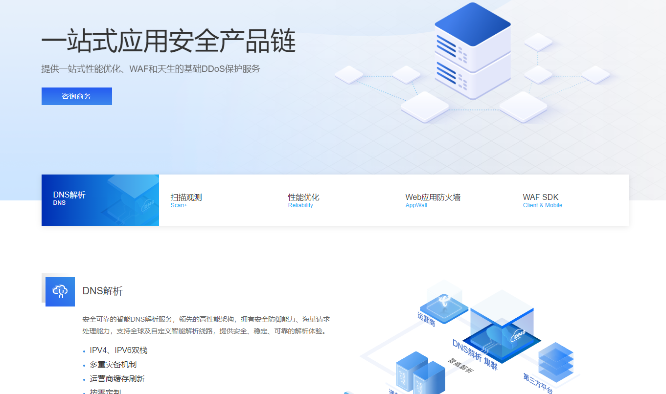 上海云盾- 一站式应用安全产品链 提供一站式性能优化、WAF和天生的基础DDoS保护服务